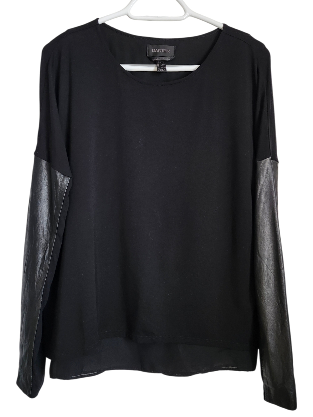 Danier Leather Sleeve Top XS Black Mixed Media Long Sleeve Minimalist